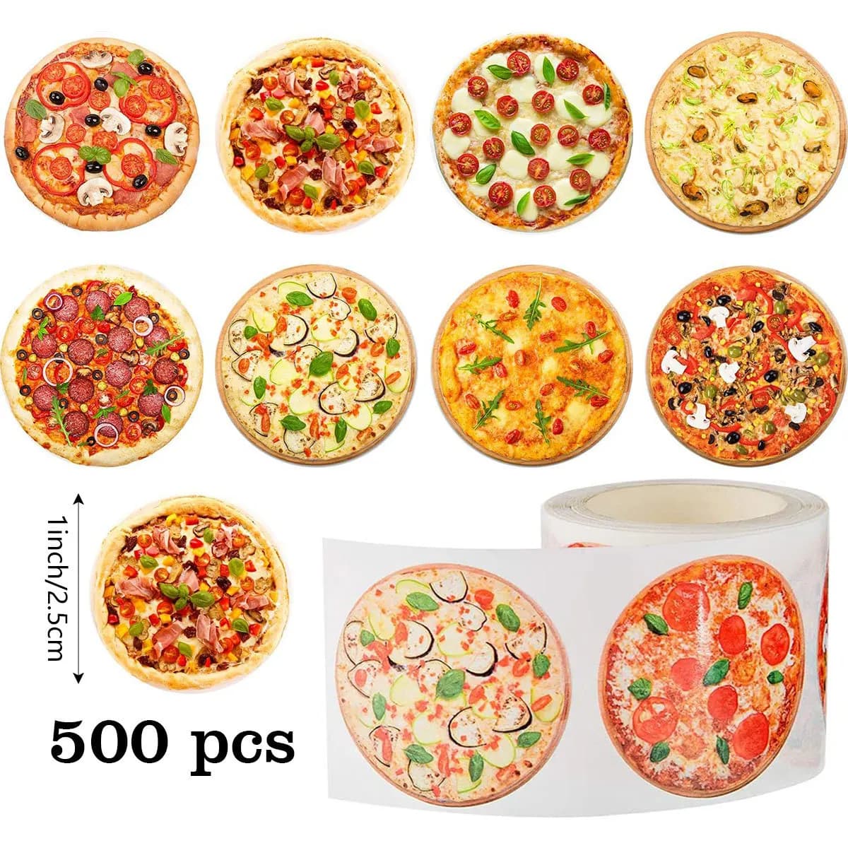 Rouleau d'autocollants pour pizza de 2,5 cm, 500 pièces, délicieux autocollants sur le thème de la c
