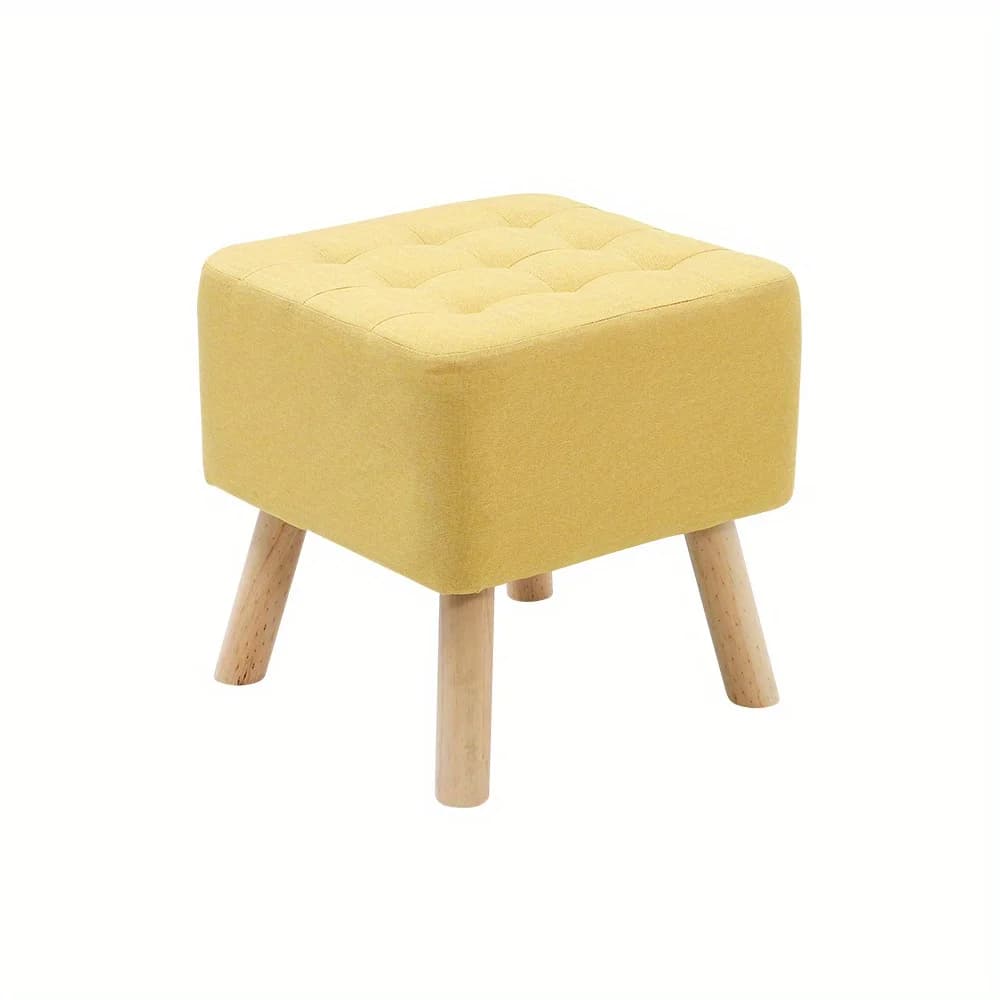 Repose-pieds carré en tissu de lin rembourré avec pieds en bois - Tabouret bas confortable et décora