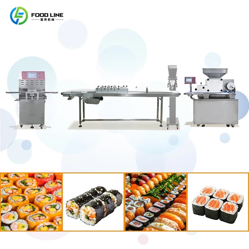Ligne de production de rouleaux de sushi entièrement automatique avec rouleaux d'ensilage équilibrés