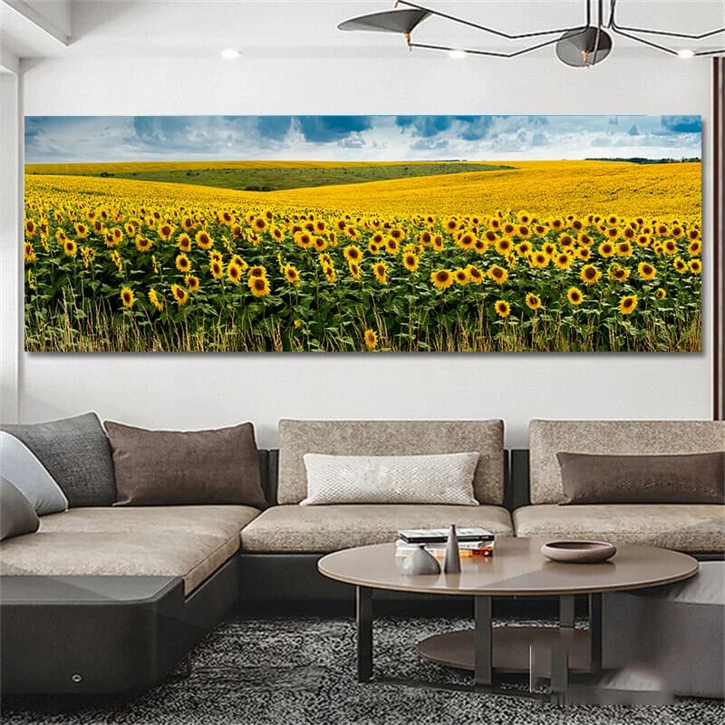 Affiches et impressions de champ de fleurs, peinture sur toile de tournesol HD, art mural floral jau