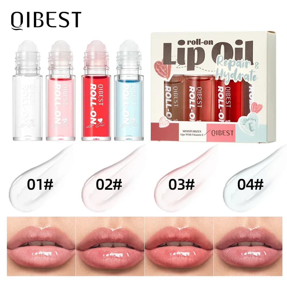 QIBEST – Lot de 4 baumes à lèvres roll-on, kits de maquillage hydratants, transparents, à bille roul