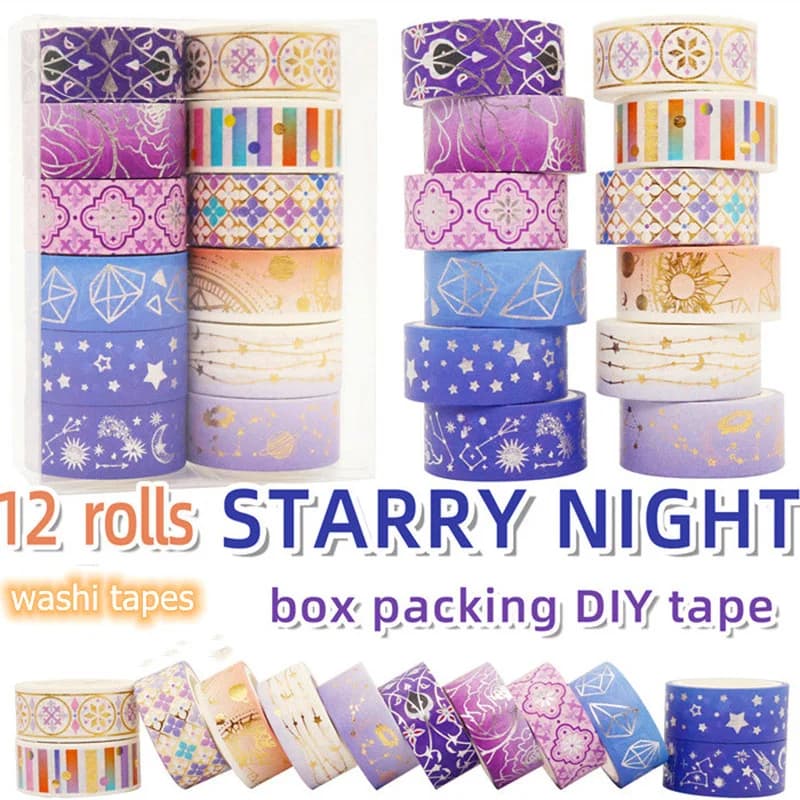 Ensemble de rubans Washi en feuille d'or étoile violette, 12 rouleaux/ensemble, série Constellation,