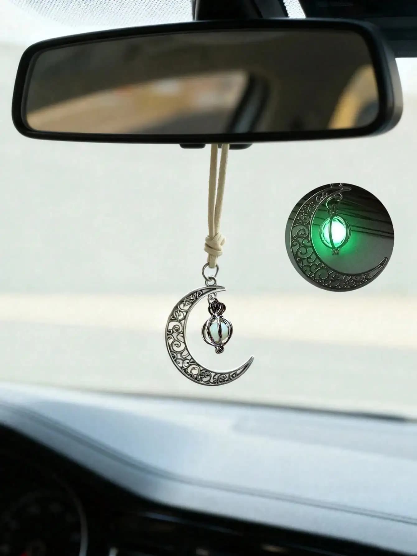 Ornement suspendu de voiture pendentif lune lumineuse – Design croissant creux, incrusté de pierre l