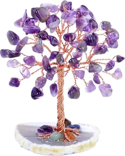 Améthyste cristaux de guérison pierres fil d'arbre enveloppé sur Base de tranche d'agate naturelle b