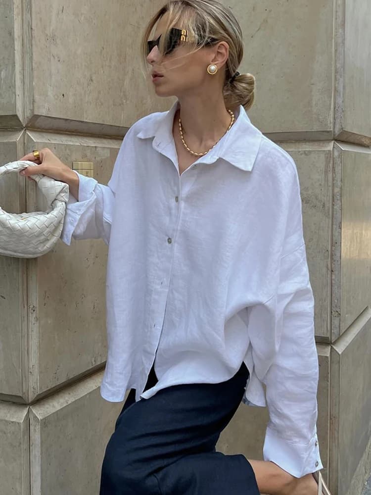 Chemise en lin à manches longues pour femmes, chemisier surdimensionné, col haut basique, coton, élé