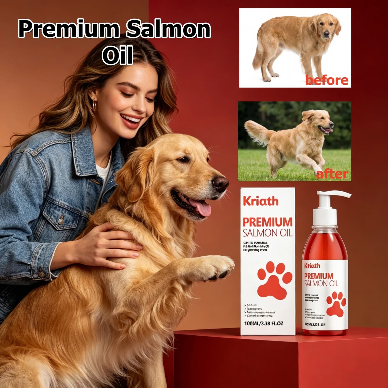 Huile de saumon premium pour animaux de compagnie, oméga 3, fourrure brillante, soutien immunitaire,