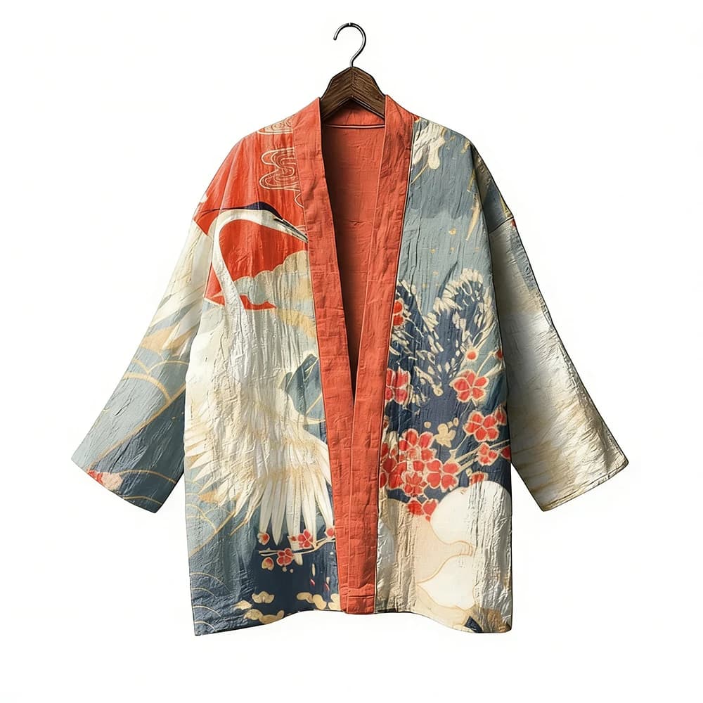 Cardigan Kimono Ukiyo-e Japonais à imprimé Baleine et Vague, Robe ouverte sur le devant, Légère en C