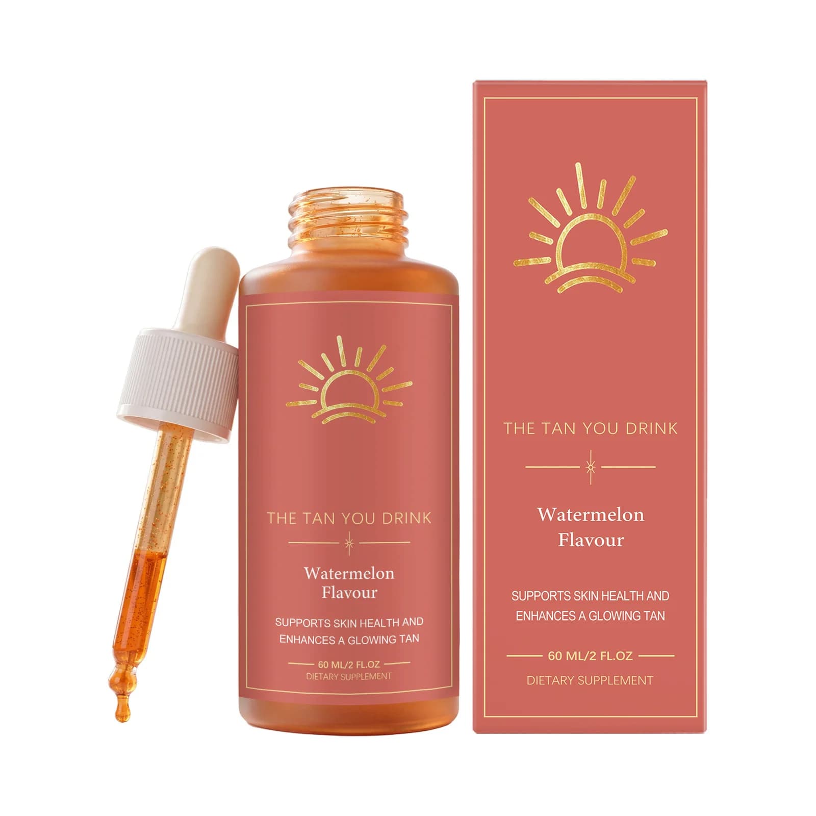 Gouttes autobronzantes buvables saveur pastèque pour booster la mélanine et obtenir un éclat bronzé 