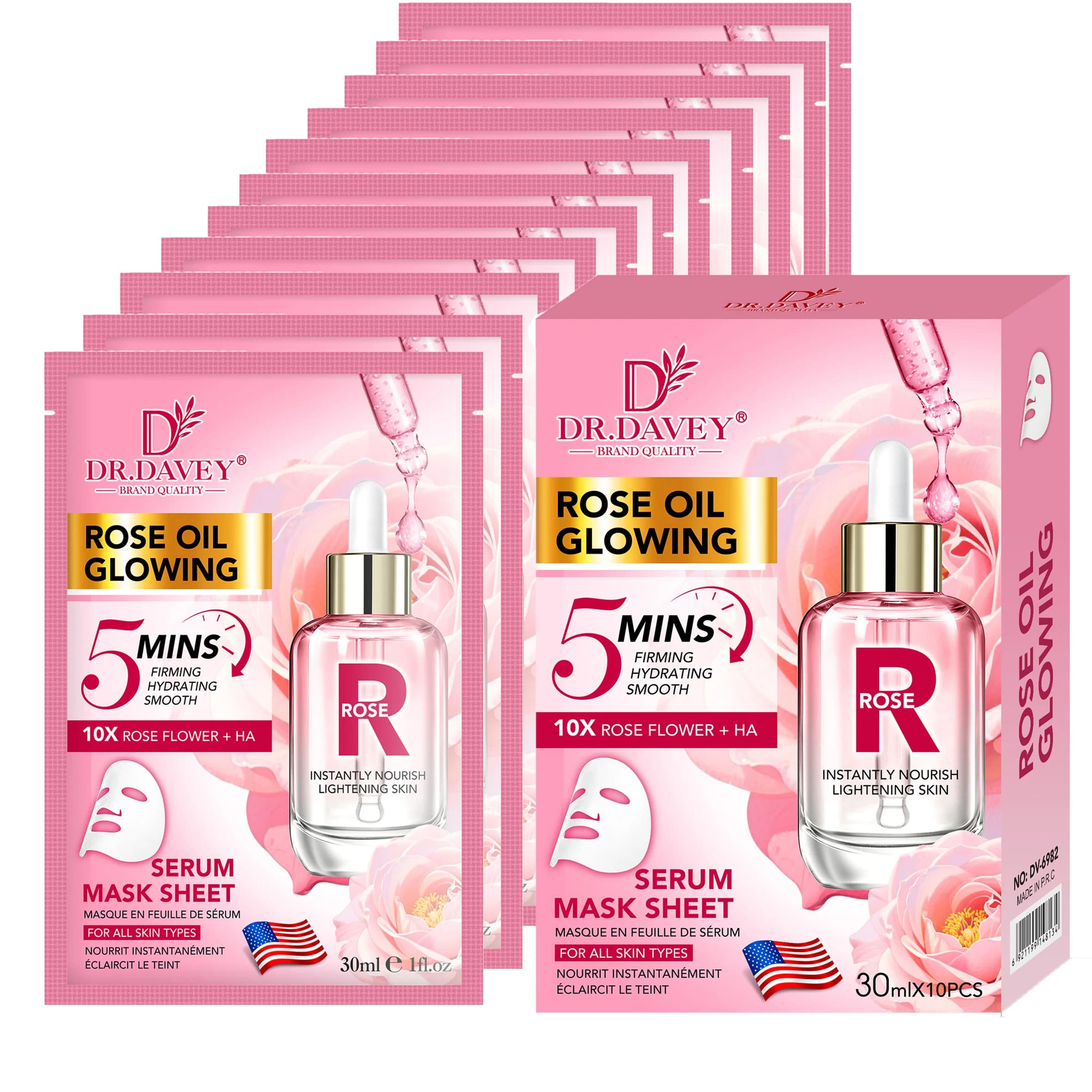 Masque Facial au Sérum de Rose DR.DAVEY, Soin du Visage, Hydratant et Adoucissant la Peau, Facile à 