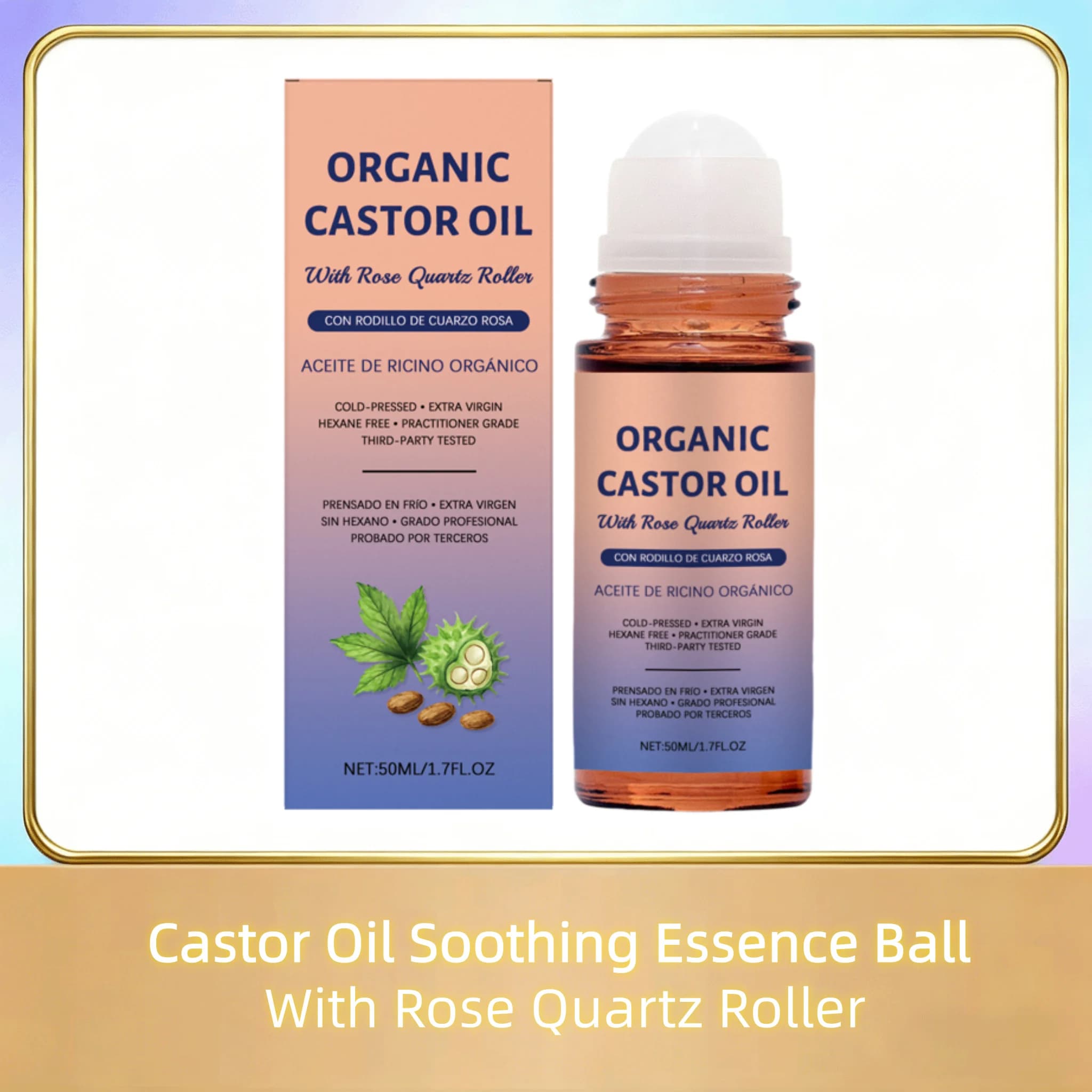 Bille d'essence apaisante à l'huile de ricin avec rouleau en quartz rose – Huile de ricin pressée à 