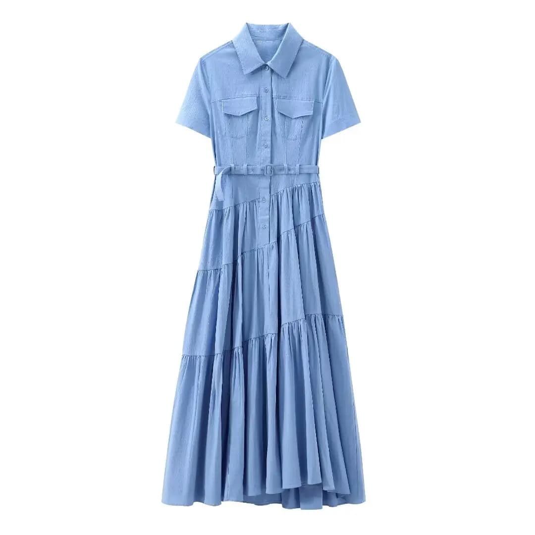 HH 2024 femme élégante robes longues solide col rabattu manches courtes ceinture simple boutonnage f