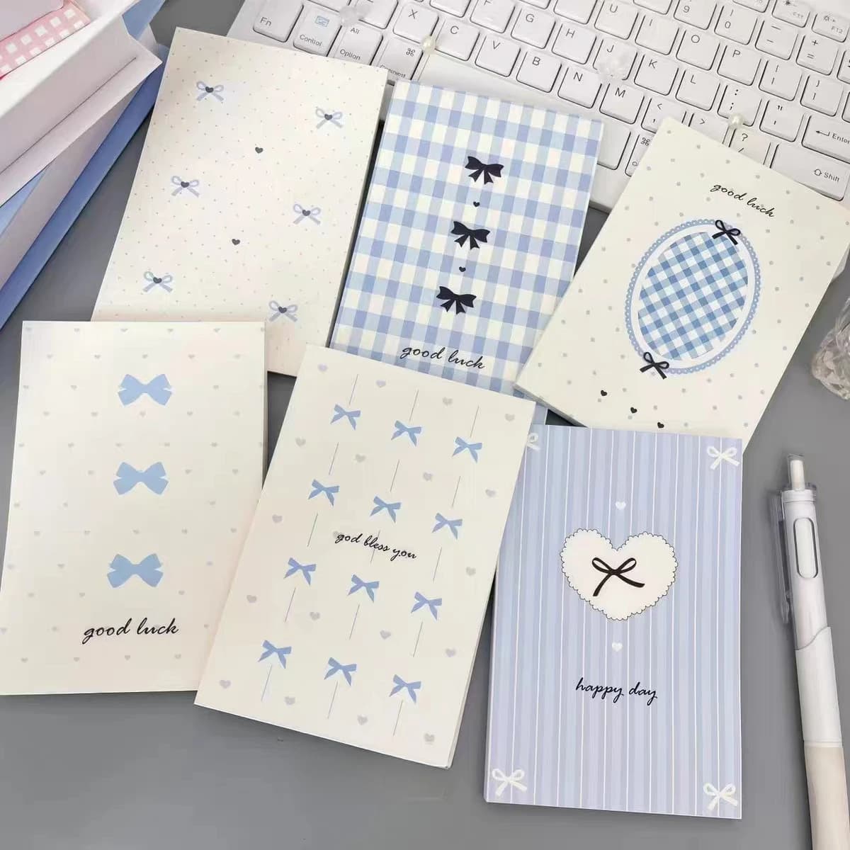 Bloc-notes A7 bleu avec nœud, 50 pages/livre, bloc-notes portable pour messages, pour étudiants et b