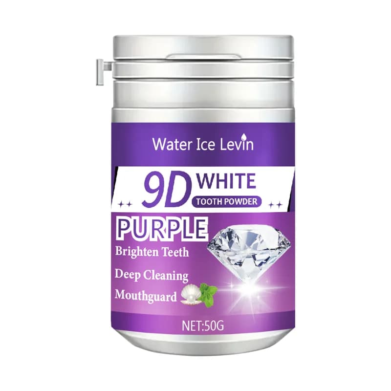 Poudre de dent blanche 9D. Formule éclaircissante violette. Appliquer le pinceau 2-3 minutes au quot