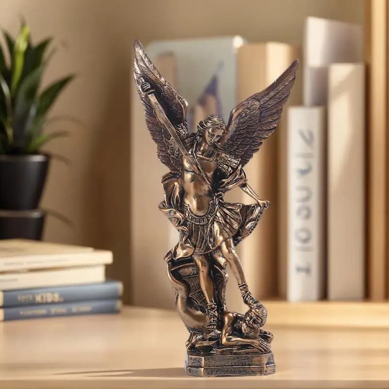Statue de San Miguel Arcangel, figurine rétro en résine bronzée du Saint-Archange Michel, décoration