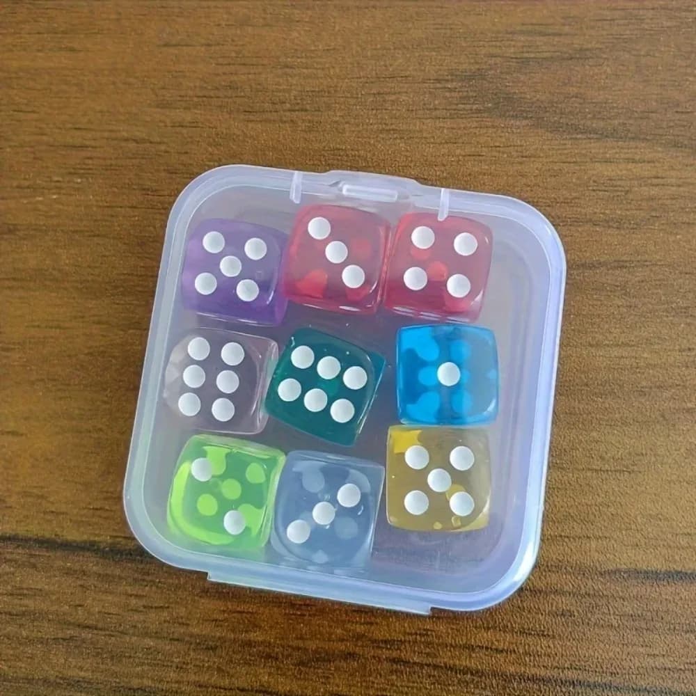 Boîte de 9 pièces, taille 14 mm, dés transparents en boîte, dés à lancer, tamis pour dés