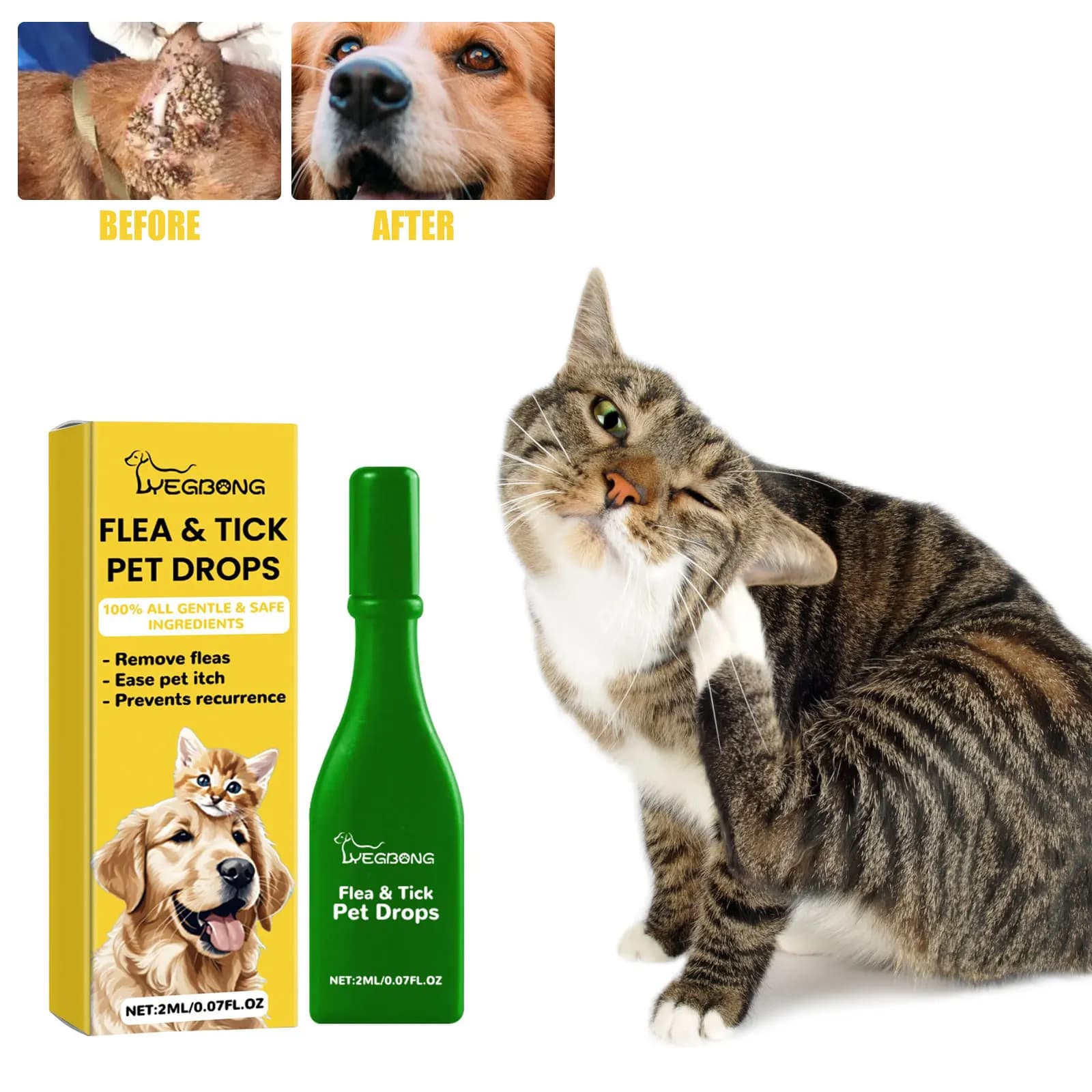 Gouttes anti-puces pour chats, élimination des puces et des tiques, soulagement des démangeaisons cu