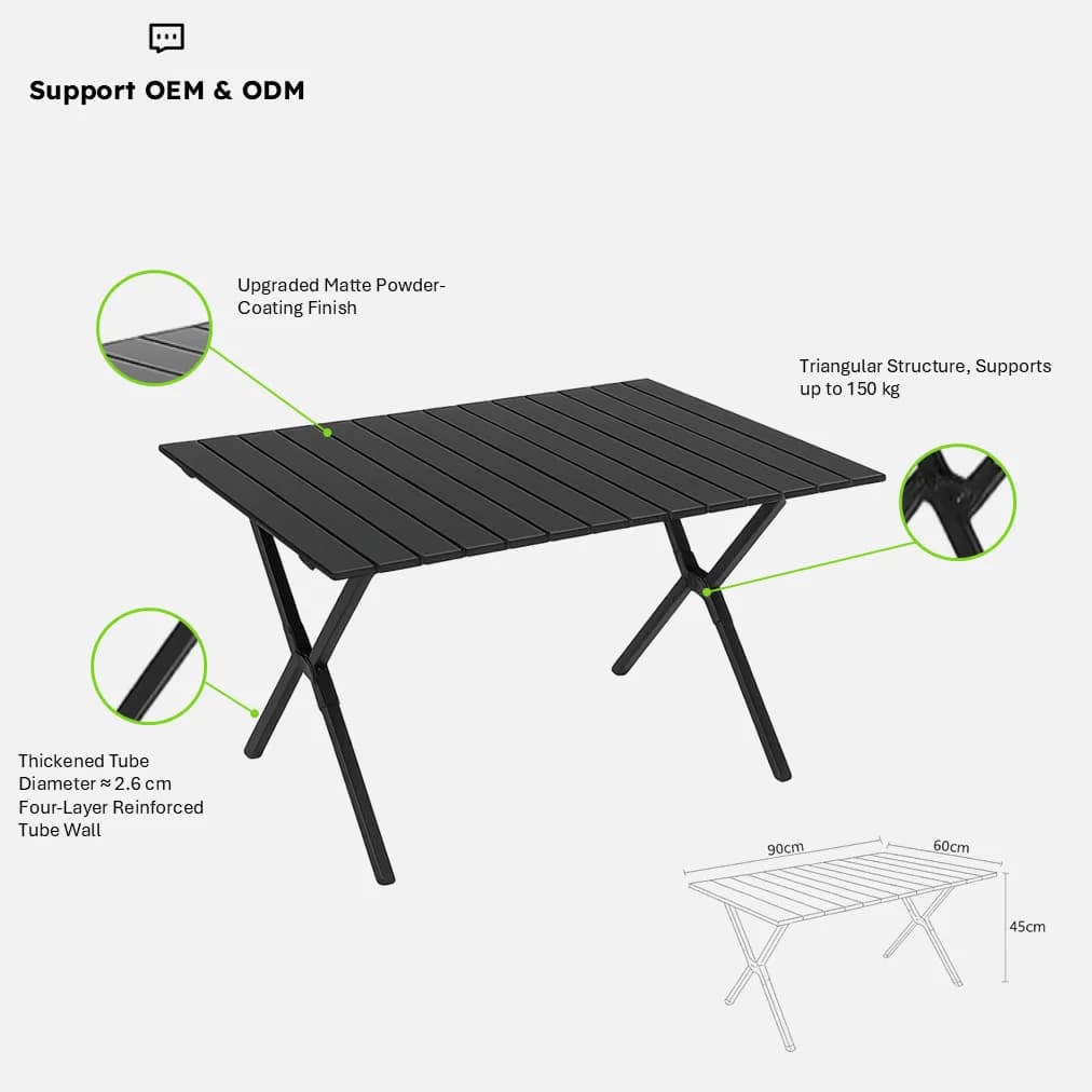 Grande Table enroulable en acier au carbone renforcé pour 4 à 6 personnes, Table de pique-nique plia
