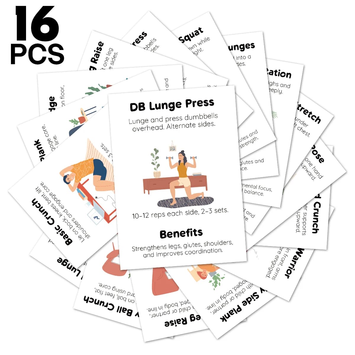 16 cartes d'exercices pour entraînement à domicile, guide illustré avec instructions, flashcards de 