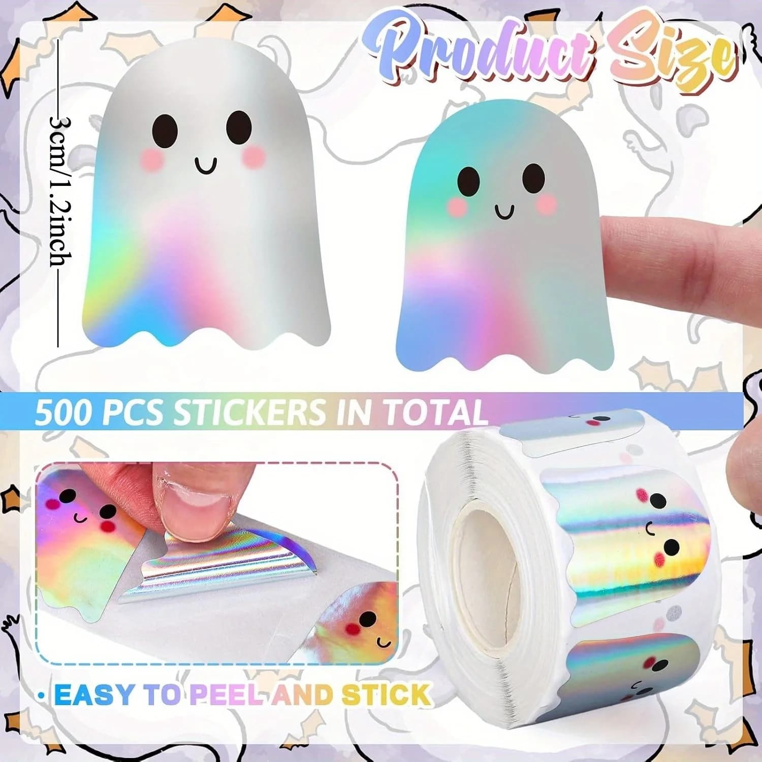 Rouleau d'autocollants fantômes d'Halloween, 500 pièces, autocollants laser fantômes, autocollants d