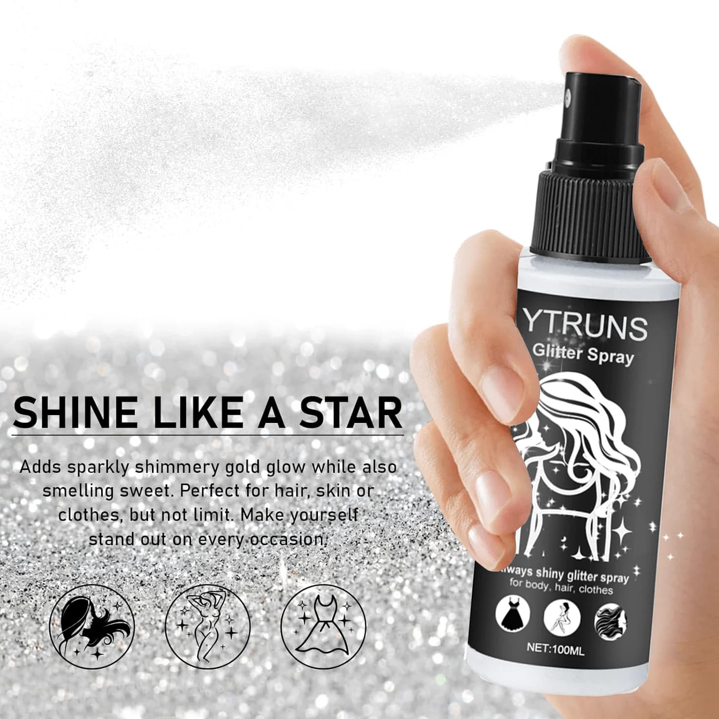 Spray pailleté à haute brillance de 100 ml, peut être utilisé pour le corps/cheveux/vêtements