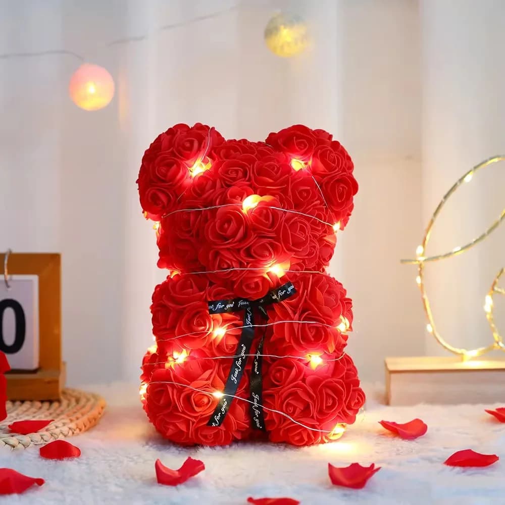 Ours en fleurs artificielles en forme de rose Teddy de 25 cm avec boîte, cadeau romantique pour la f