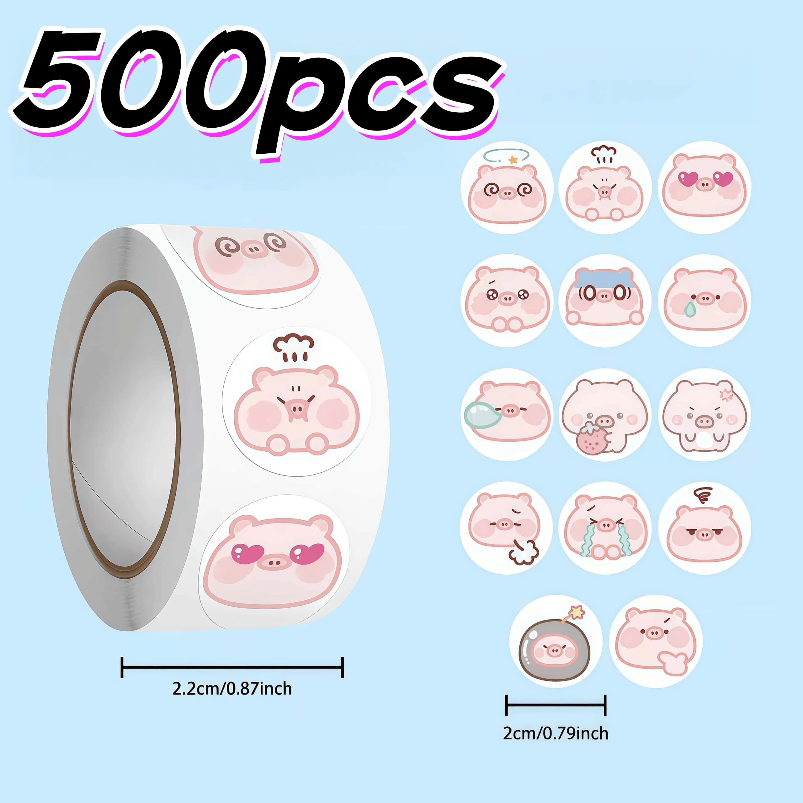 Rouleau d'autocollants cochon rose mignon, 500 pièces, autocollants ronds avec expressions adorables