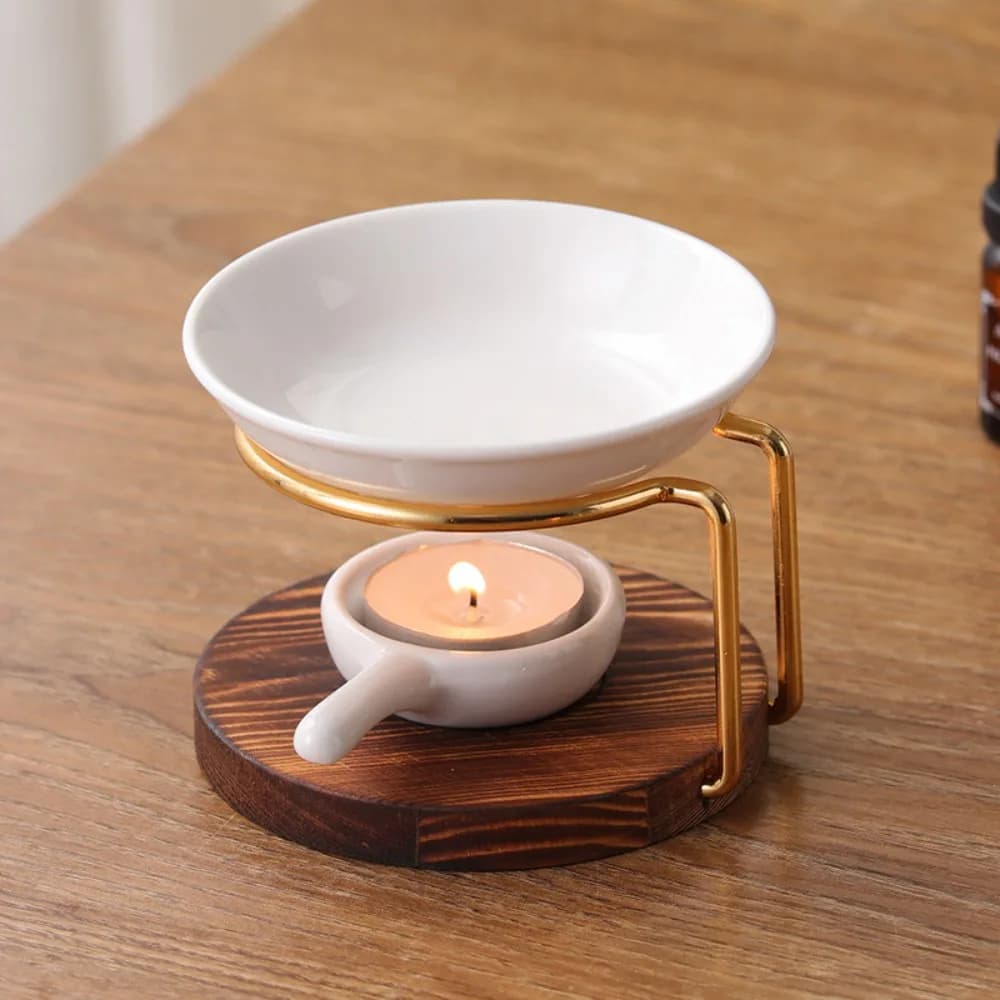 Brûleur d'huiles essentielles et chauffe-cire en métal et céramique avec base en bois pratique pour 