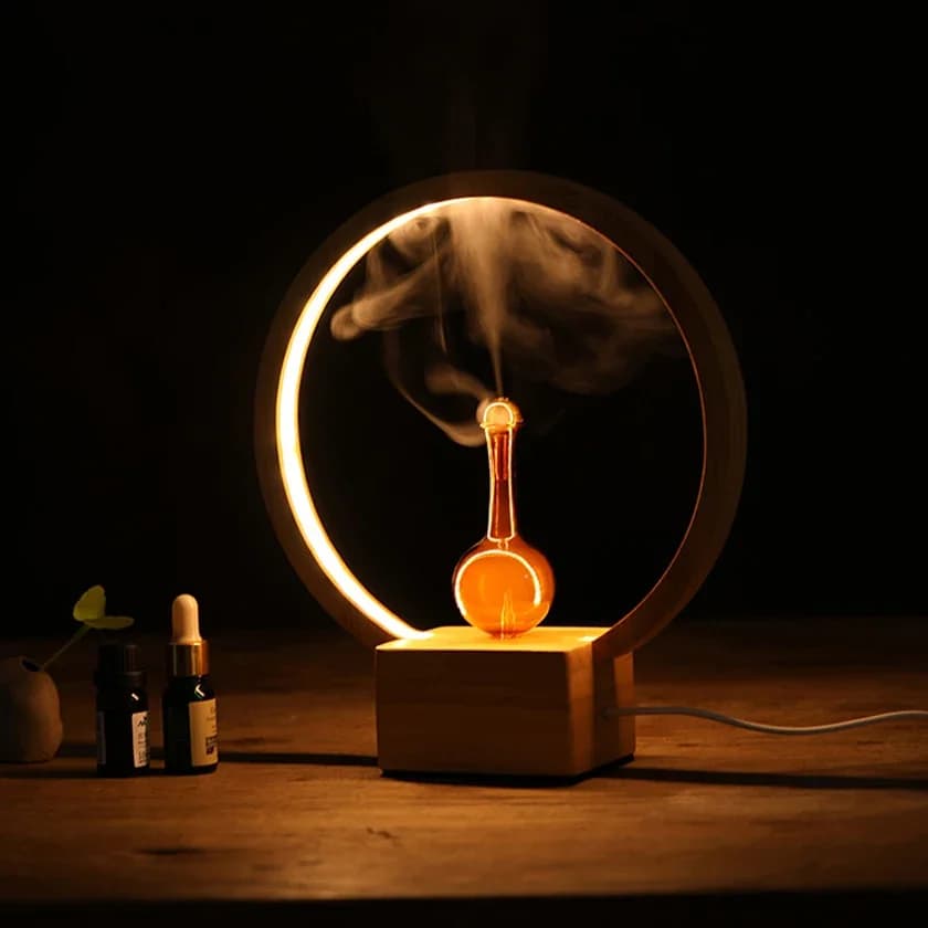 Diffuseur d'huiles essentielles avec Base en bois et diffuseur d'arôme nébulisant en verre avec lumi