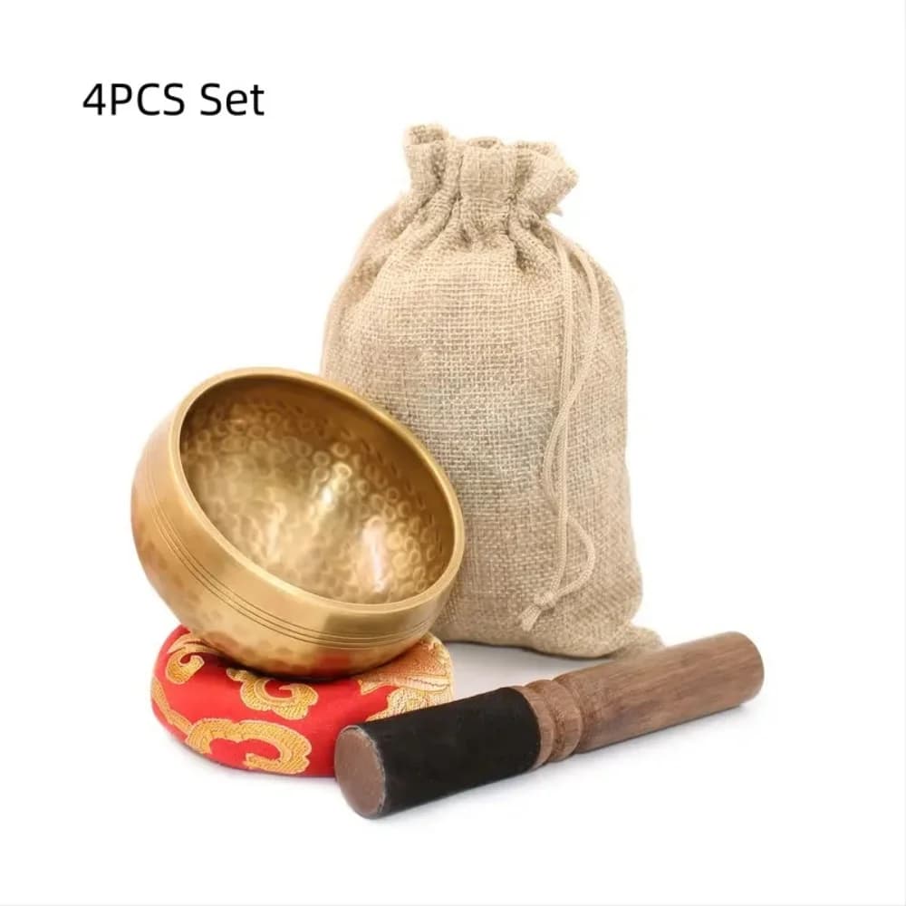Ensemble de 4 bols chantants tibétains en laiton du Népal, avec mallette en bois, coussin et sac de 