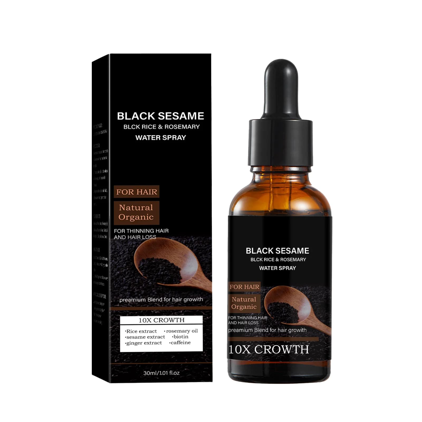 Sérum de croissance capillaire au sésame noir – 10X de croissance, extrait de romarin et de riz biol
