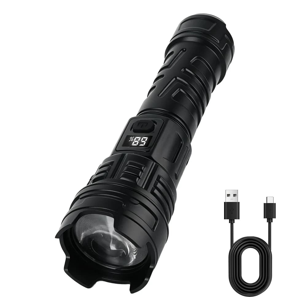 BORUiT Lampe torche LED puissante à zoom, rechargeable par USB, lampe tactique avec affichage lumine