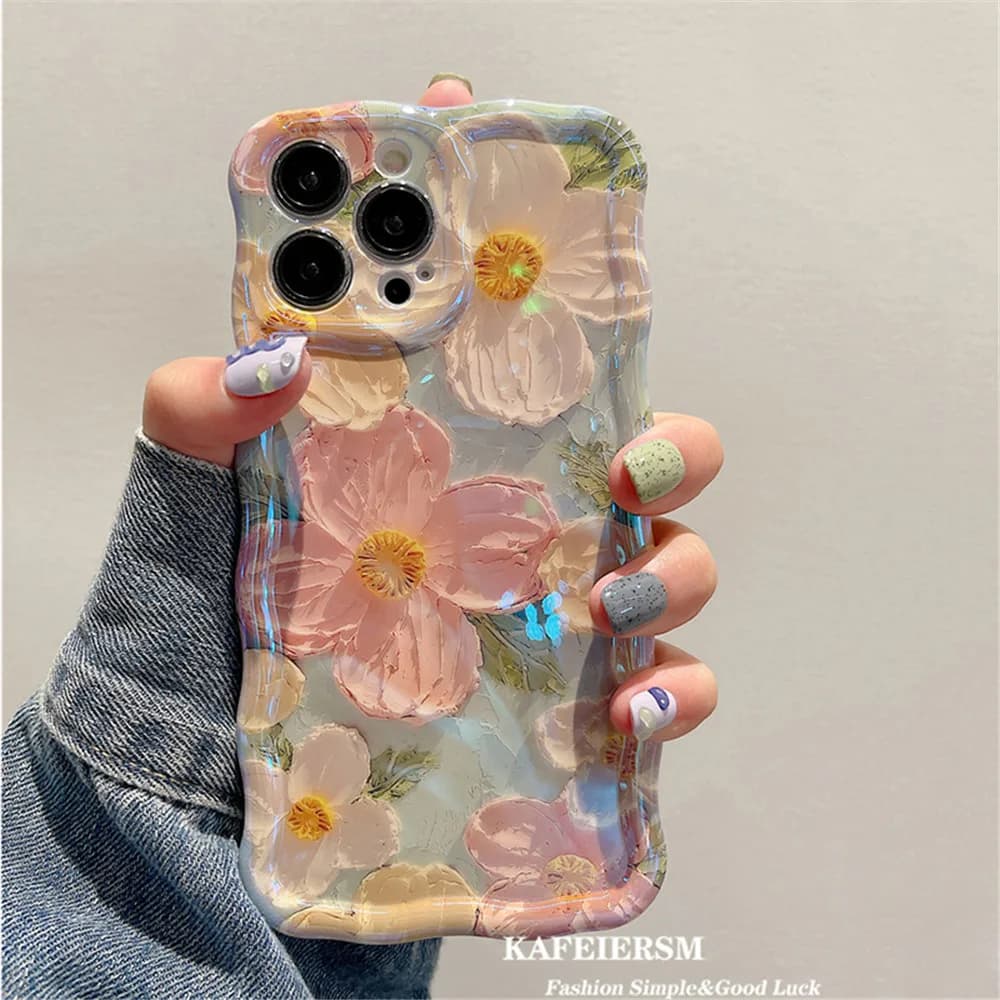 Kantwn-Étuis de téléphone de luxe pour iPhone, peinture à l'huile laser, fleurs, 11, 12, 13, 14, 15,