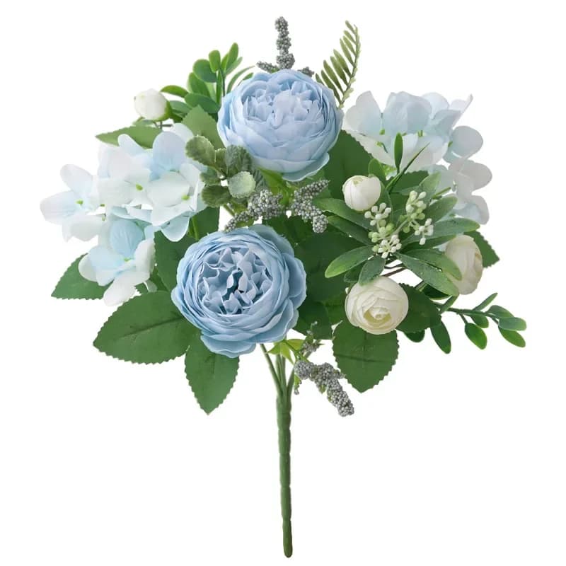 Bouquets de soie artificielle bleue, hortensia de forêt, bourgeon de pivoine, Bouquet à main de mari