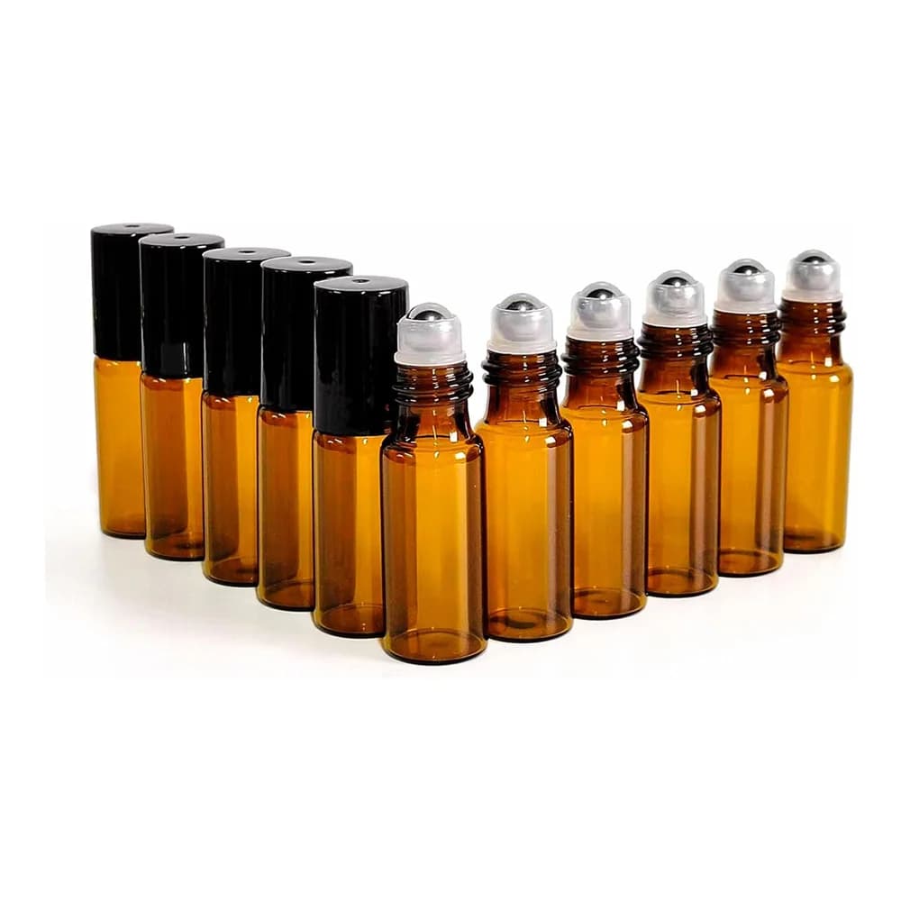Lot de 10 flacons roll-on en verre ambré de 0,17 oz, rouleaux en acier inoxydable, bouchons noirs, p