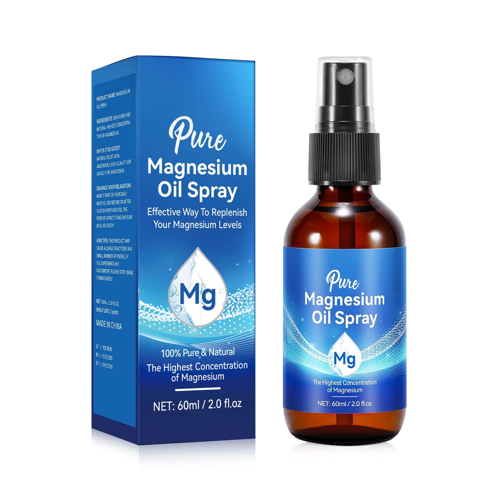 Huile Corporelle au Magnésium en Spray 60ml Formule Riche en Minéraux à 10% pour le Soin des Muscles