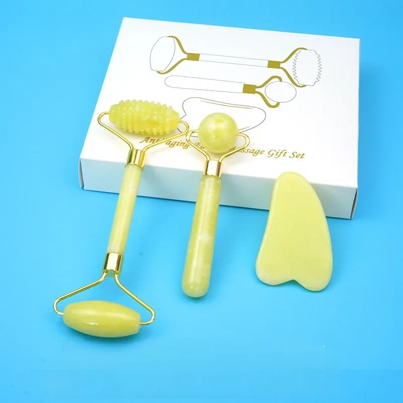 Rouleau de jade naturel et Gua Sha en pierre naturelle pour le visage, masseur corporel et cervical,
