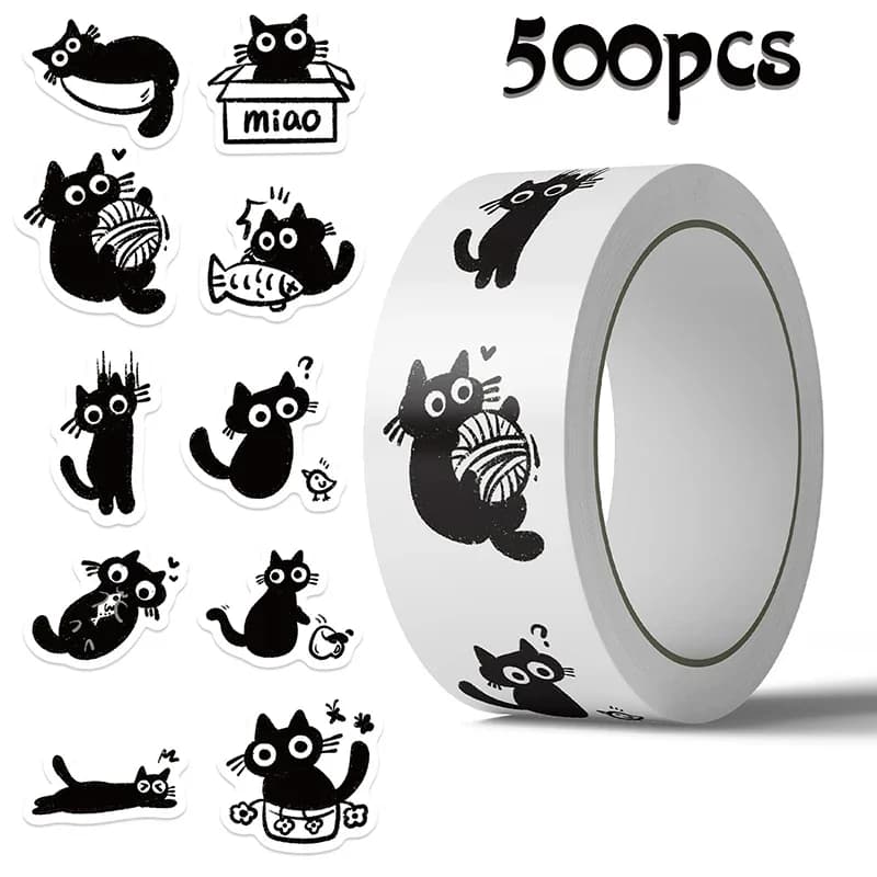 500 autocollants en rouleau motif chat de dessin animé mignon, décoratifs DIY pour guitare, téléphon