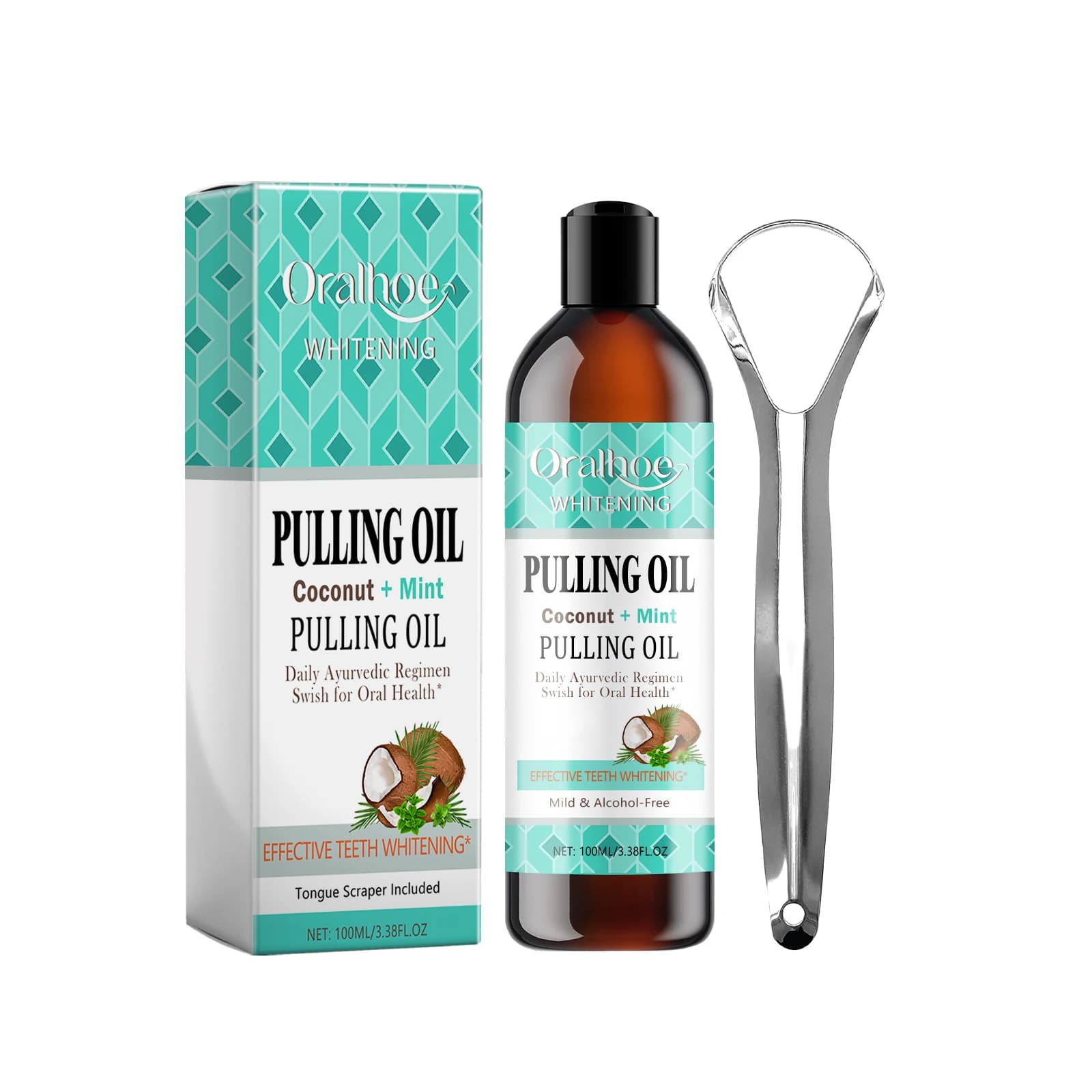 Kit de Bain de Bouche à l'Huile de Coco et Menthe avec Grattoir Lingual – Haleine Fraîche, Éliminati