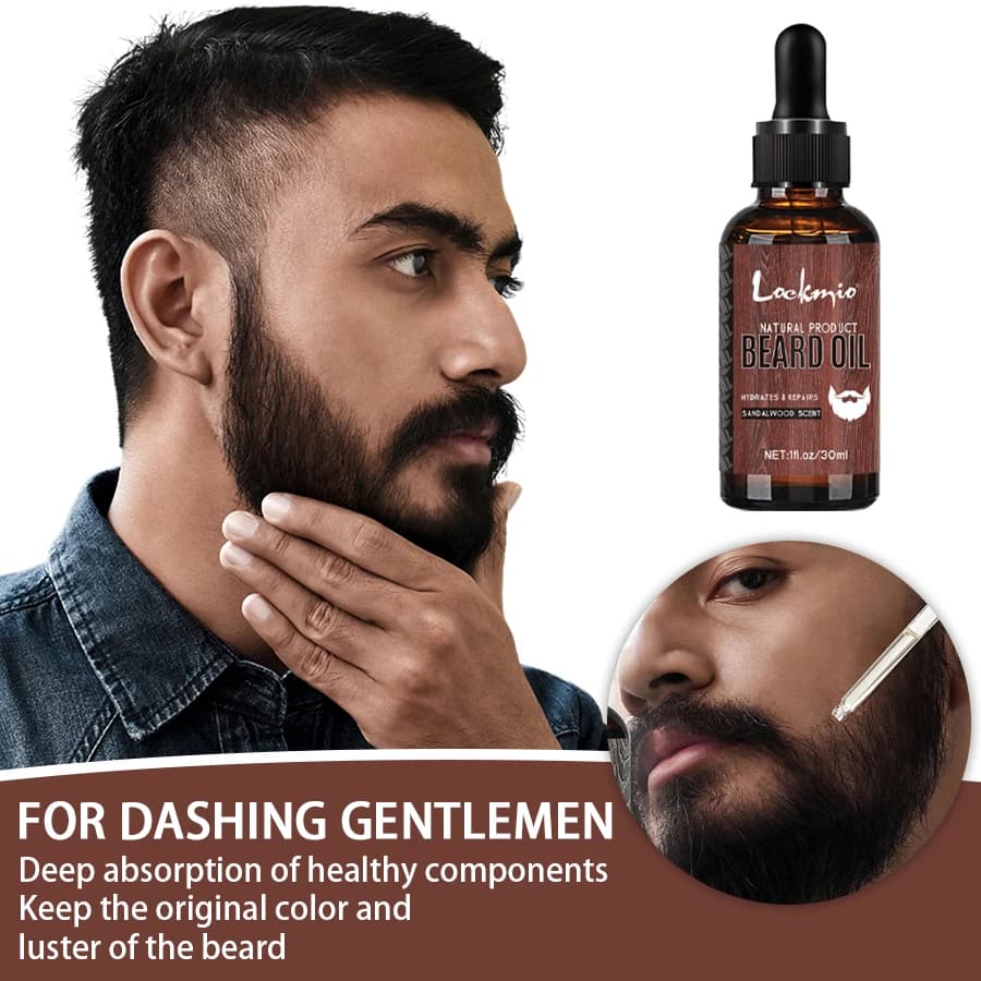 Huile de croissance de barbe naturelle pour hommes, parfum de bois de santal, hydrate, répare les ra