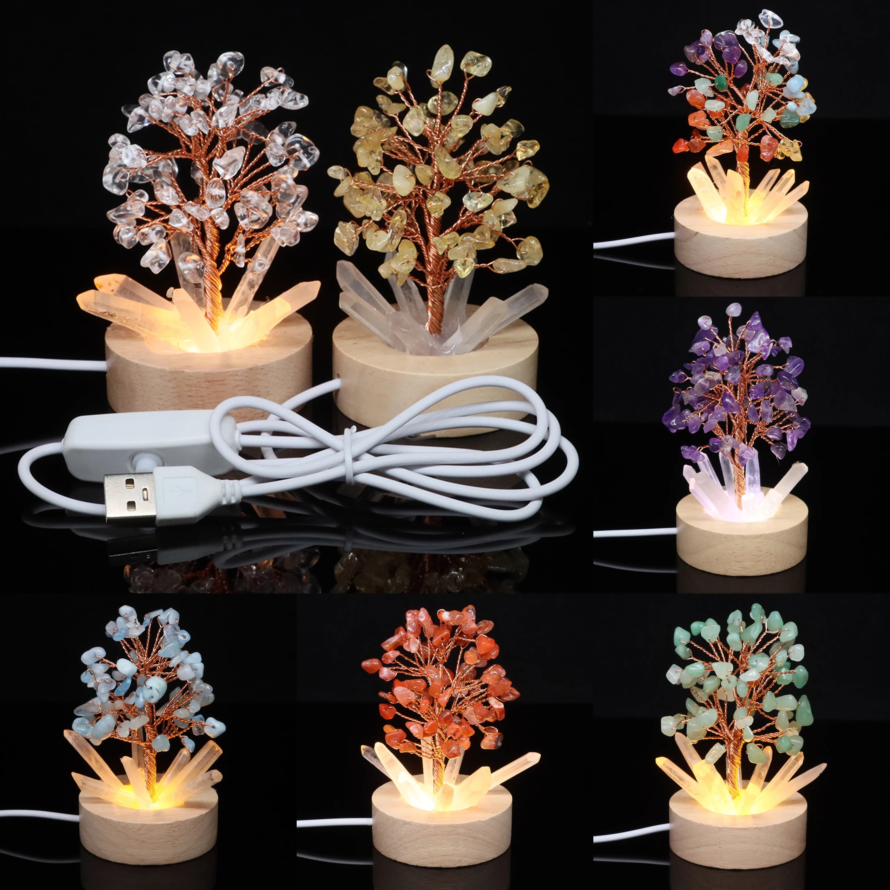 Lampe d'arbres en cristal, pierres naturelles, pierres précieuses de guérison Reiki, baguette à poin