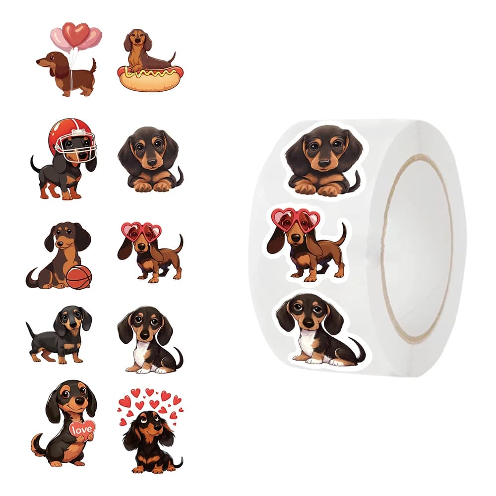 Rouleau autocollant dessin animé chien saucisse mignon, 500 pièces, autocollant de sceau d'enveloppe