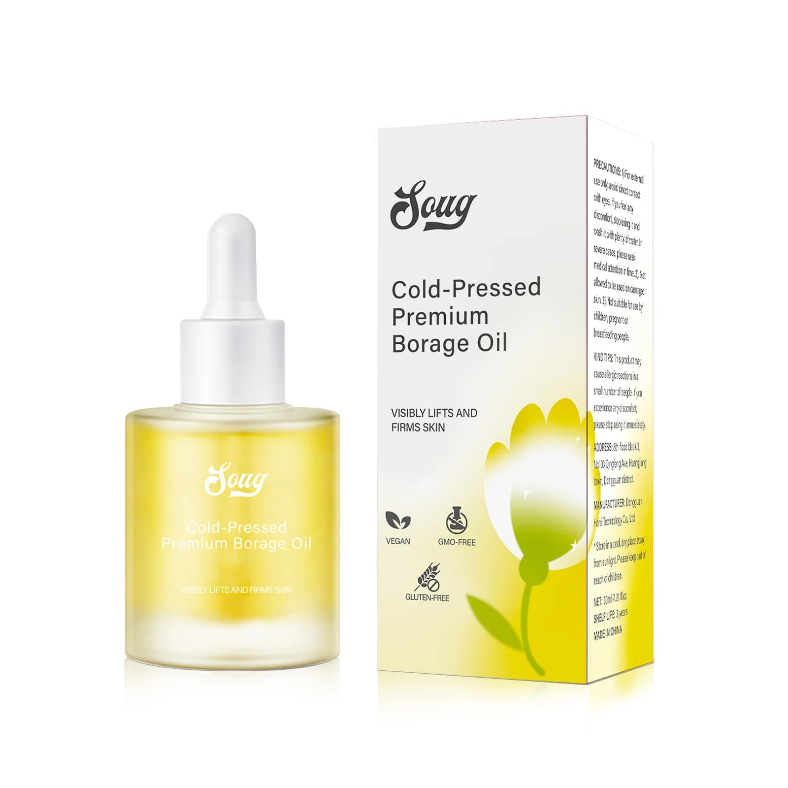 Huile de Borage pressée – Huile pour le visage 100 % pure et naturelle pour le lifting et le rafferm