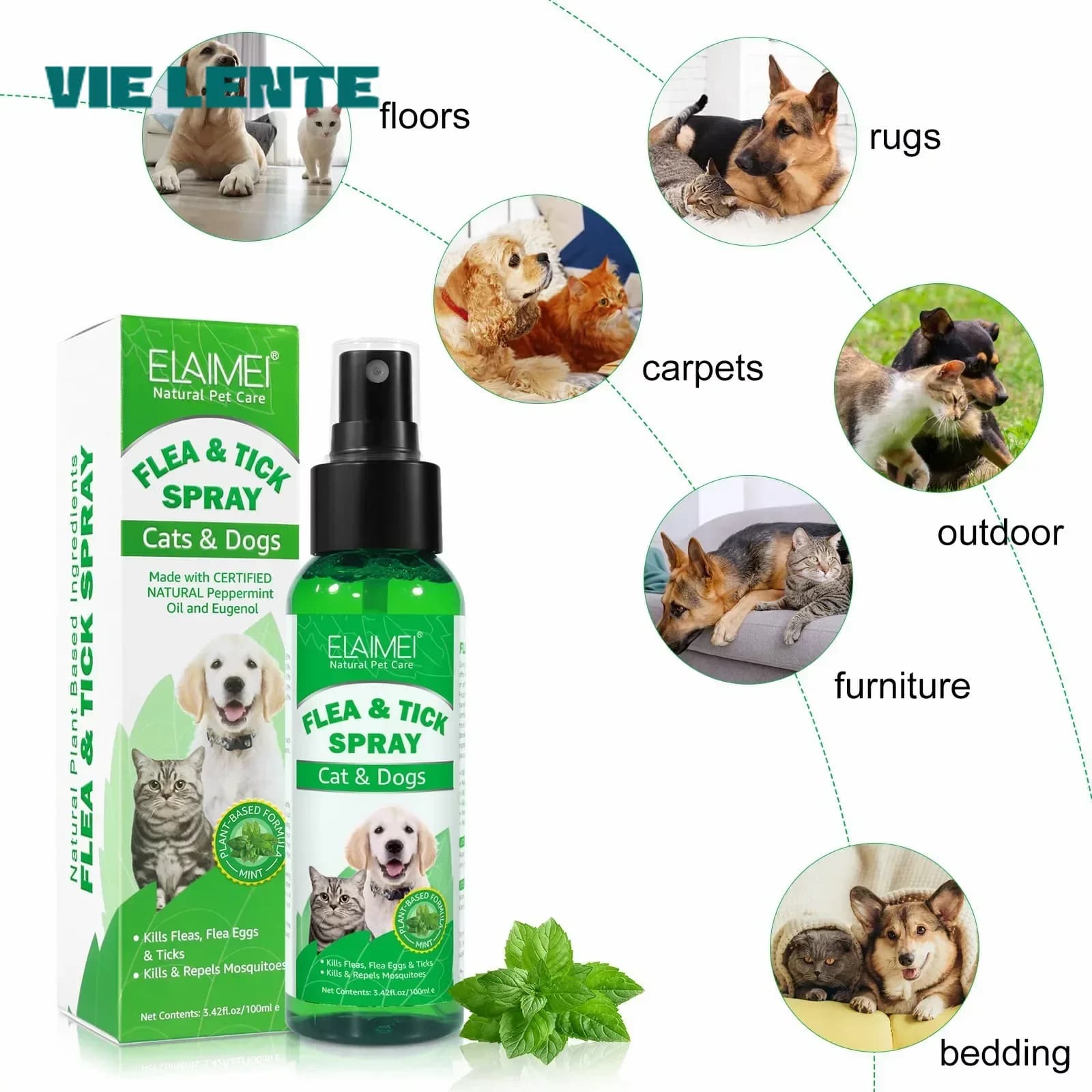 Spray anti-puces topiques et anti-tiques pour chiens et chats, parfum frais, naturel, huile de menth