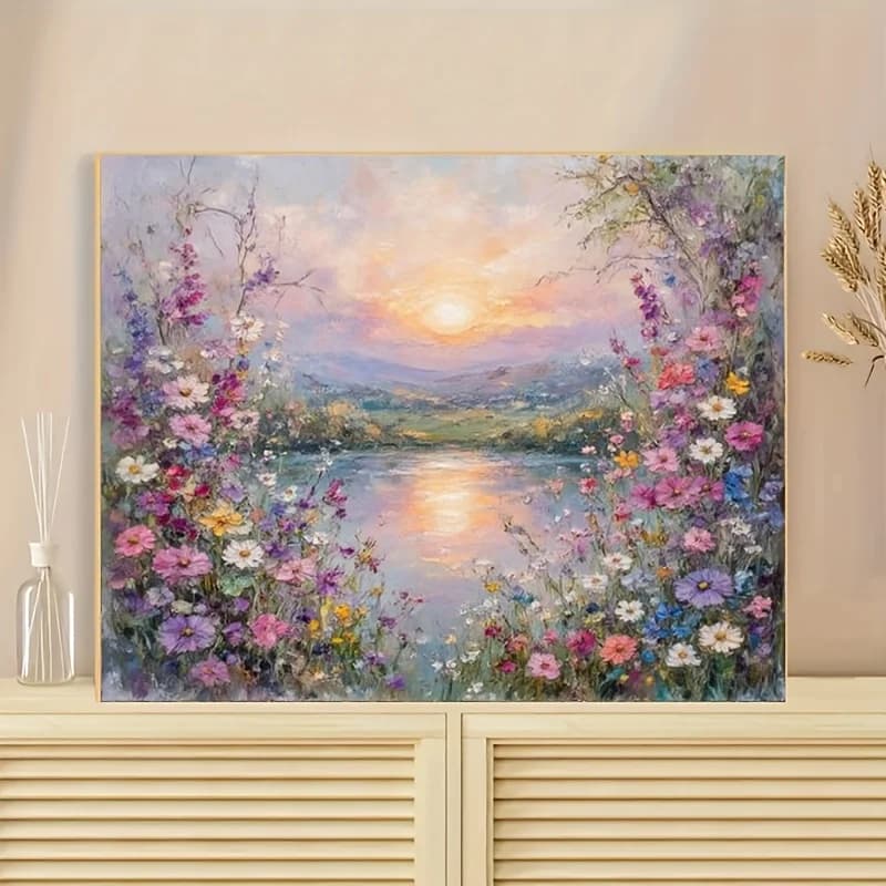 Peinture à l'huile par numéros, paysage lacustre aux fleurs et au coucher de soleil, toile à numéros