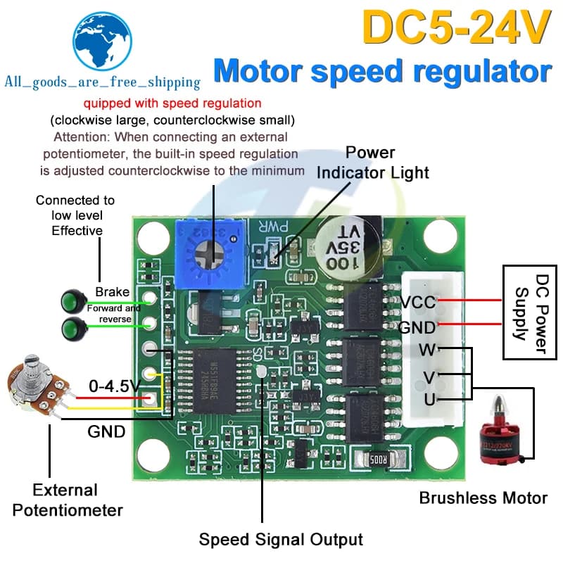 Carte d'entraînement de moteur sans balais DC 6-20V 60W 12V, contrôleur de vitesse BLDC, régulateur 