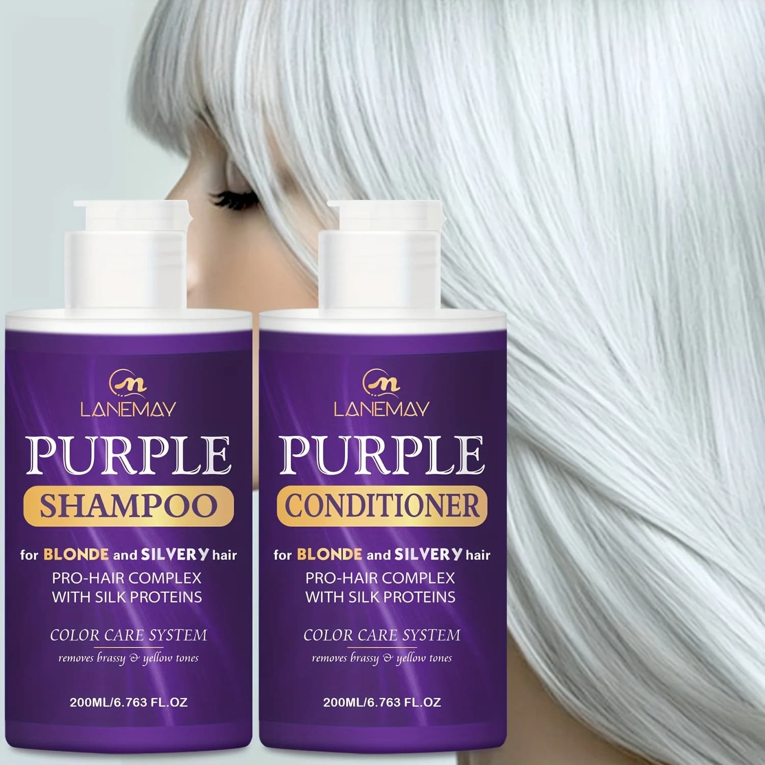 Ensemble shampoing et après-shampooing violet pour cheveux blonds, argentés ou bruns mis en évidence