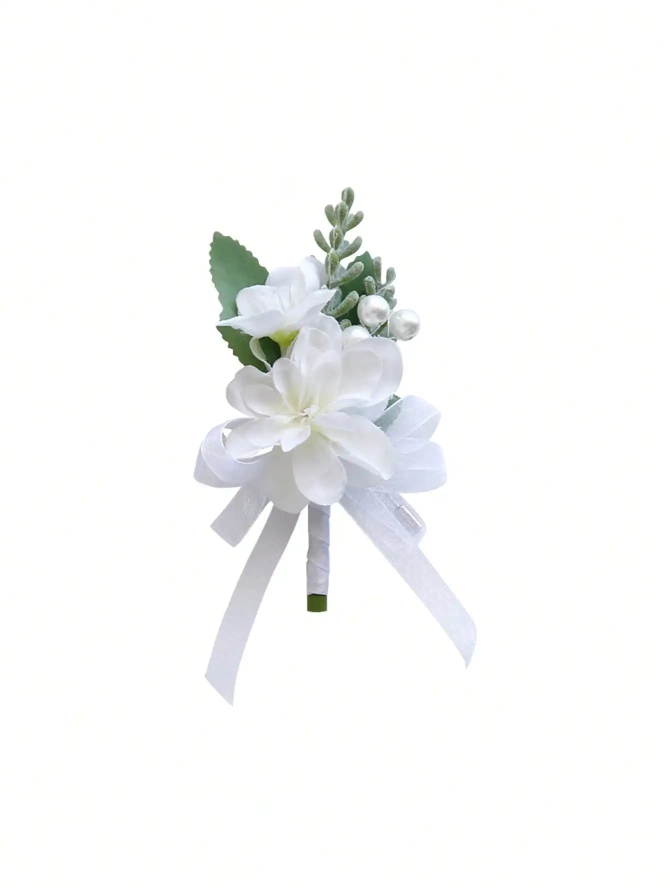 Boutonnière de Marié Rose Blanche avec Perle et Feuille Verte, Design Floral Artificiel, Fleur de Re