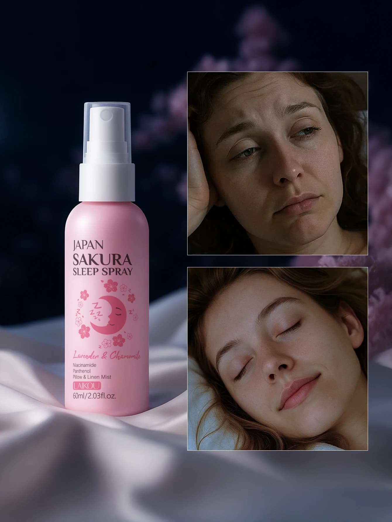 LAIKOU Japon Sakura Spray de Sommeil 60ml Lavande Camomille Parfum Doux Apaisant Relaxant Brume pour