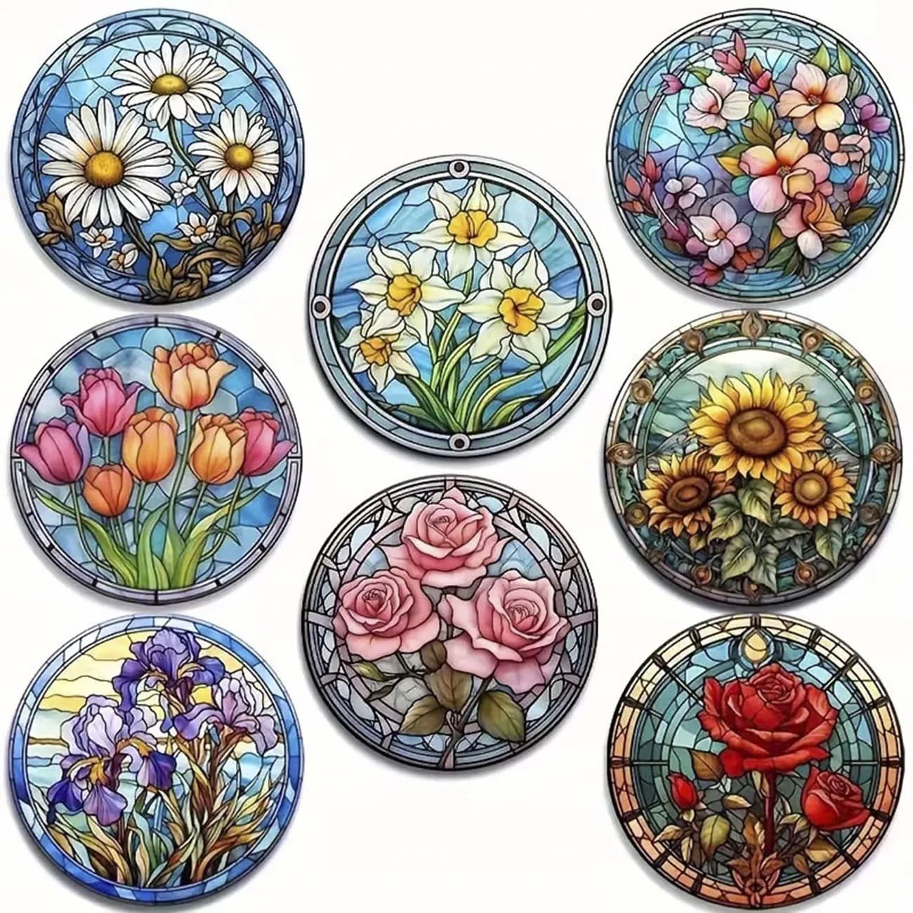 Ensemble de 8 dessous-de-verre en bois à thème floral, dessous-de-verre en bois composite rond et du