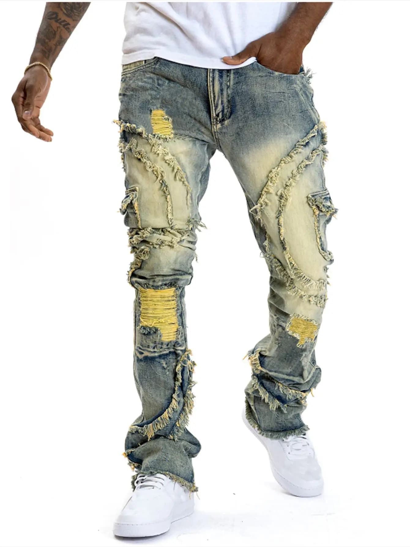 2025 Nouveaux jeans décontractés pour hommes européens et américains, mode punk de rue, rétro, trou 